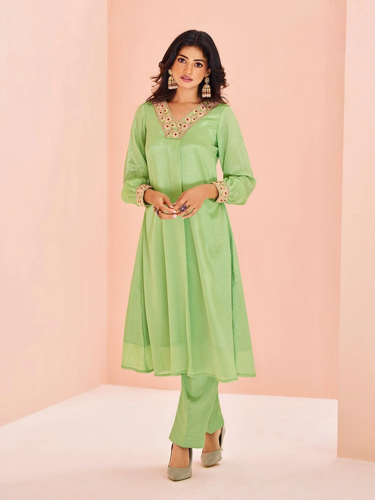Odette Light Green Chinon Embroidered Stitched Kurta Set For Women - Image 2