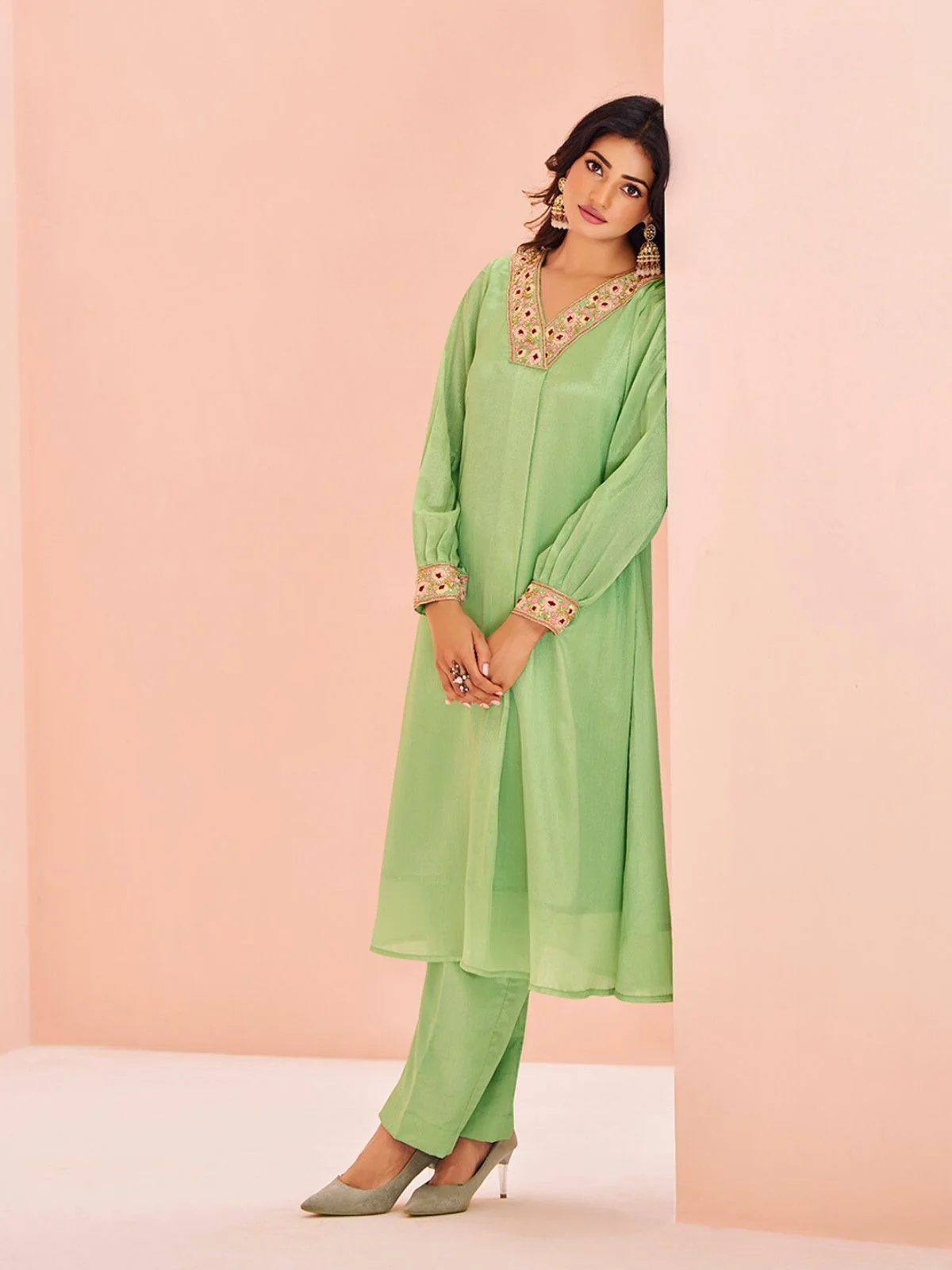 Odette Light Green Chinon Embroidered Stitched Kurta Set For Women - Image 3