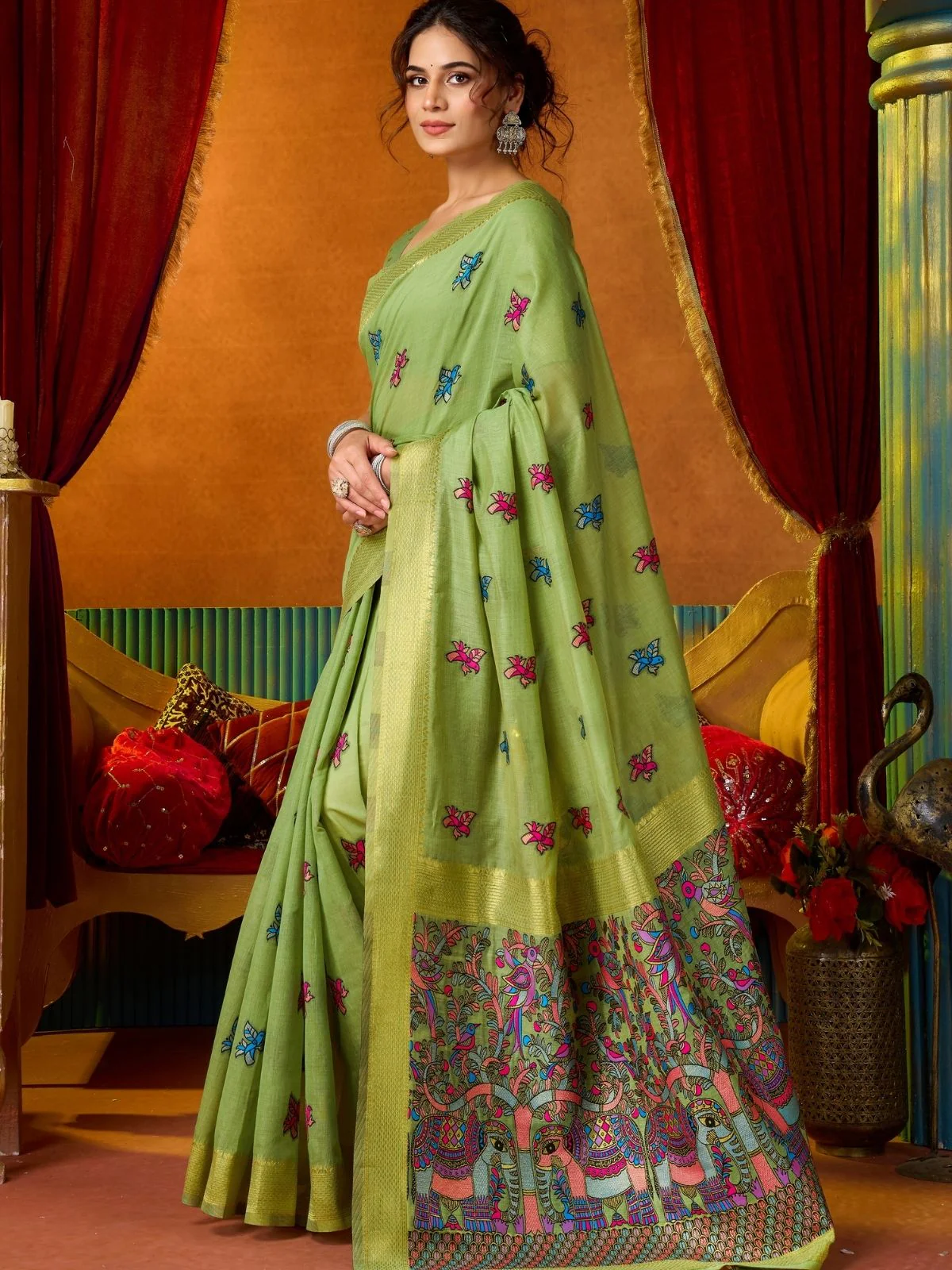 Odette Light Green Cotton Blend Printed Saree For Women - Image 2