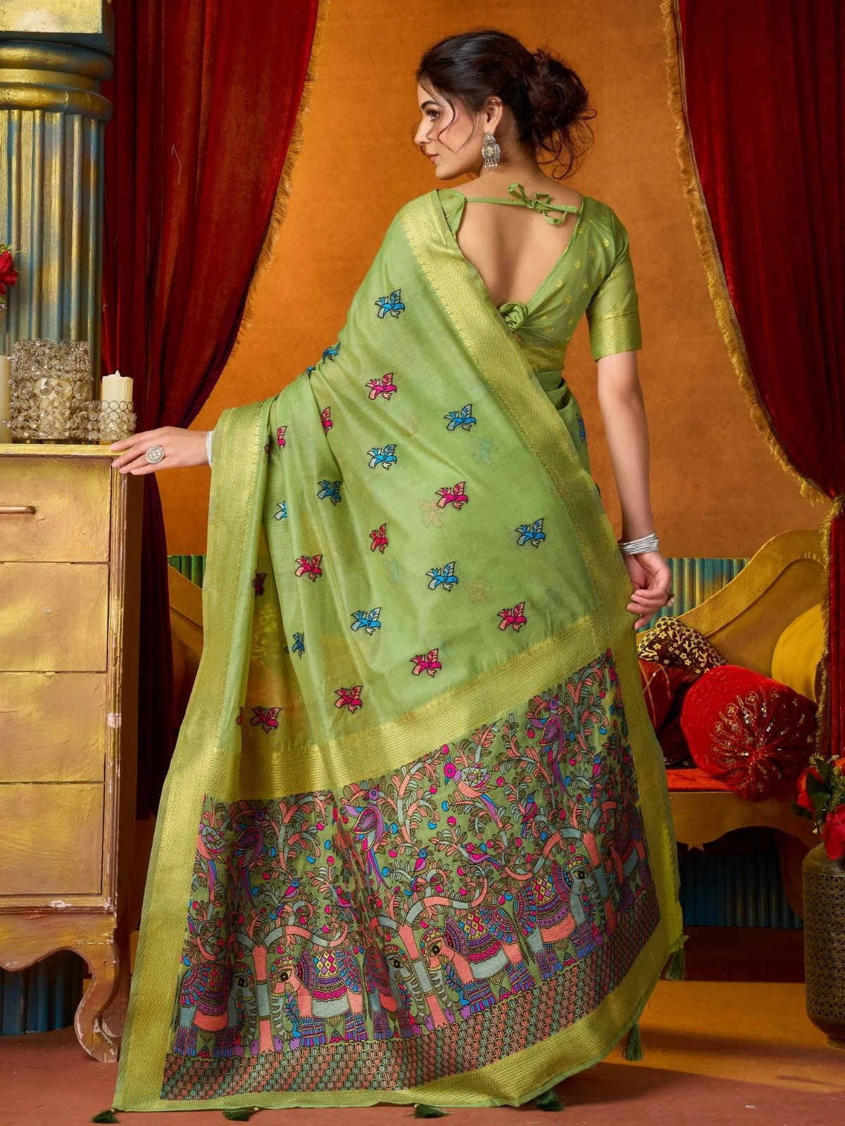 Odette Light Green Cotton Blend Printed Saree For Women - Image 4
