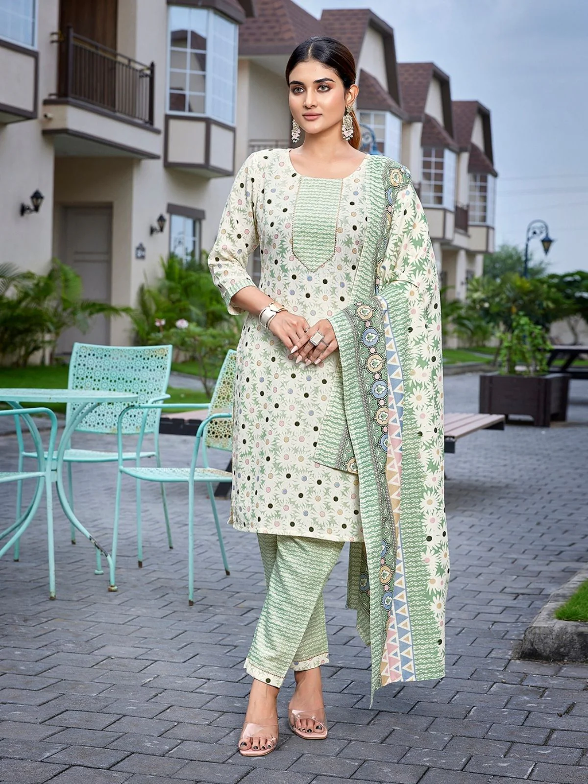 Odette Light Green Cotton Blend Printed Stiched Kurta Set For Women - Image 6