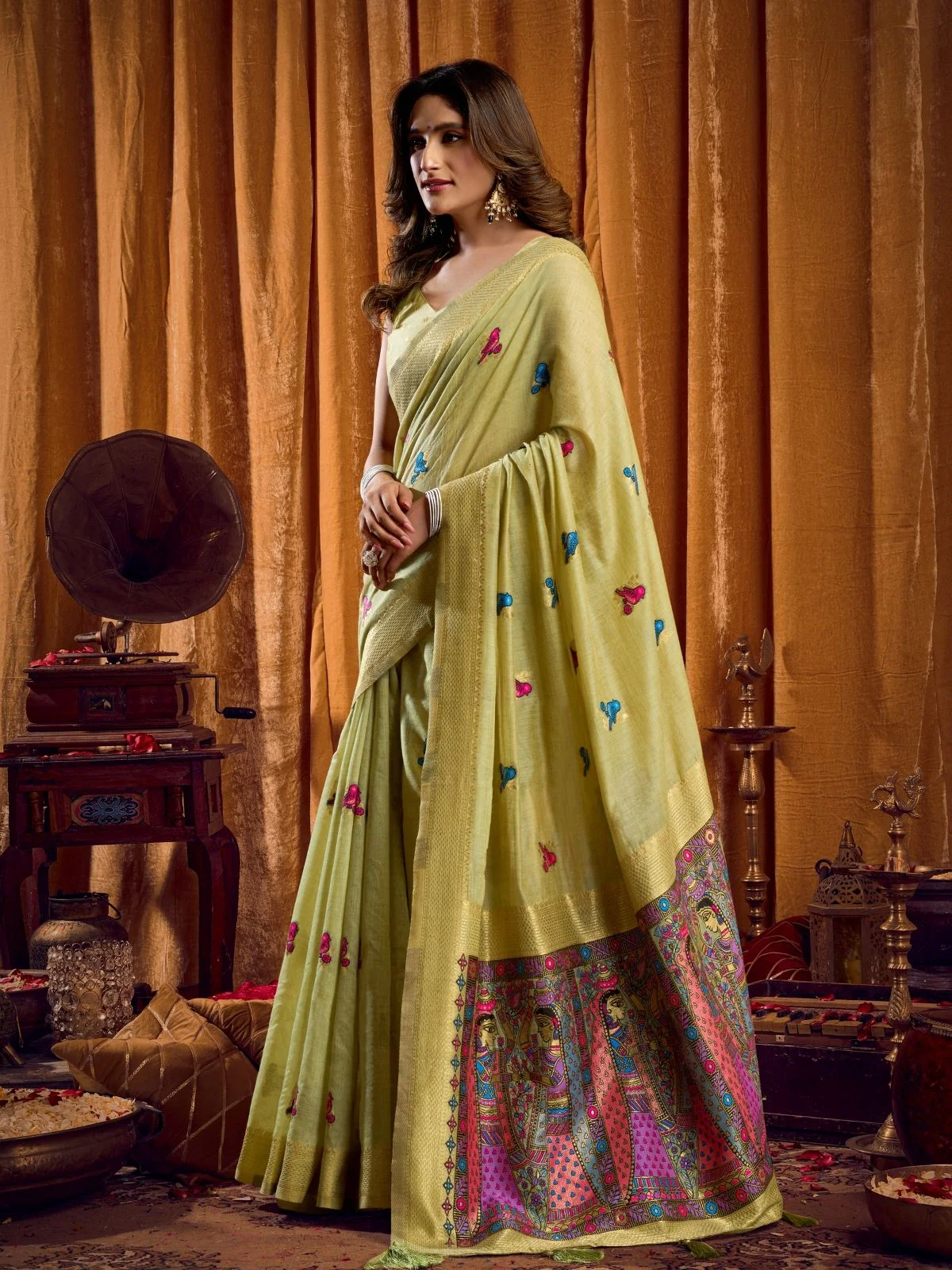 Odette Light Green Cotton Blend Woven Saree For Women - Image 2