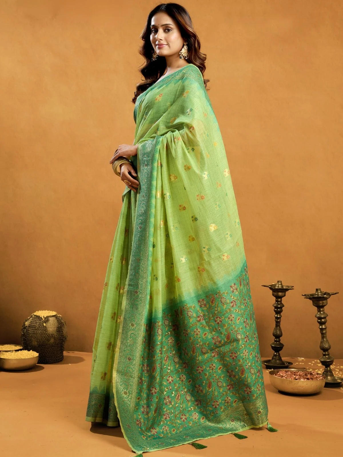 Odette Light Green Cotton Blend Woven Saree For Women - Image 2