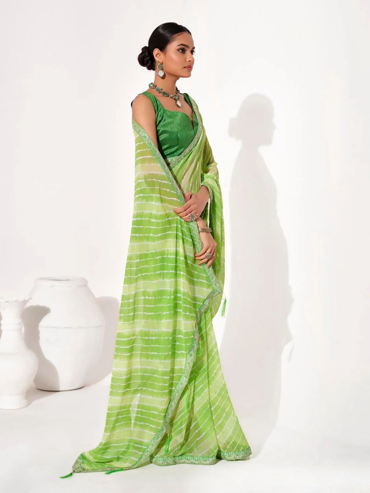 Odette Light Green Cotton Linen Embroidered Striped Saree For Women - Image 3