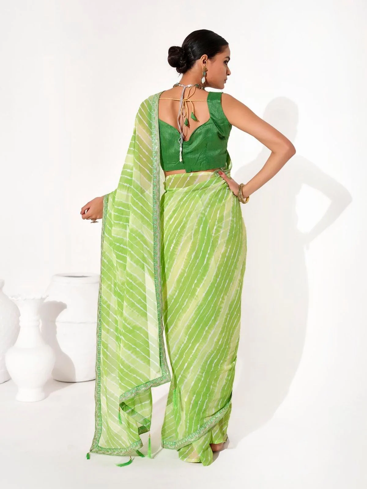 Odette Light Green Cotton Linen Embroidered Striped Saree For Women - Image 4