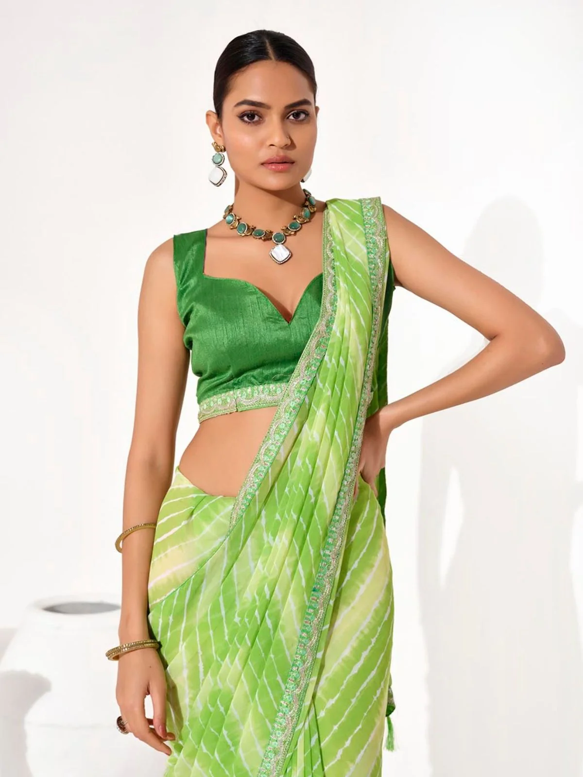 Odette Light Green Cotton Linen Embroidered Striped Saree For Women - Image 5