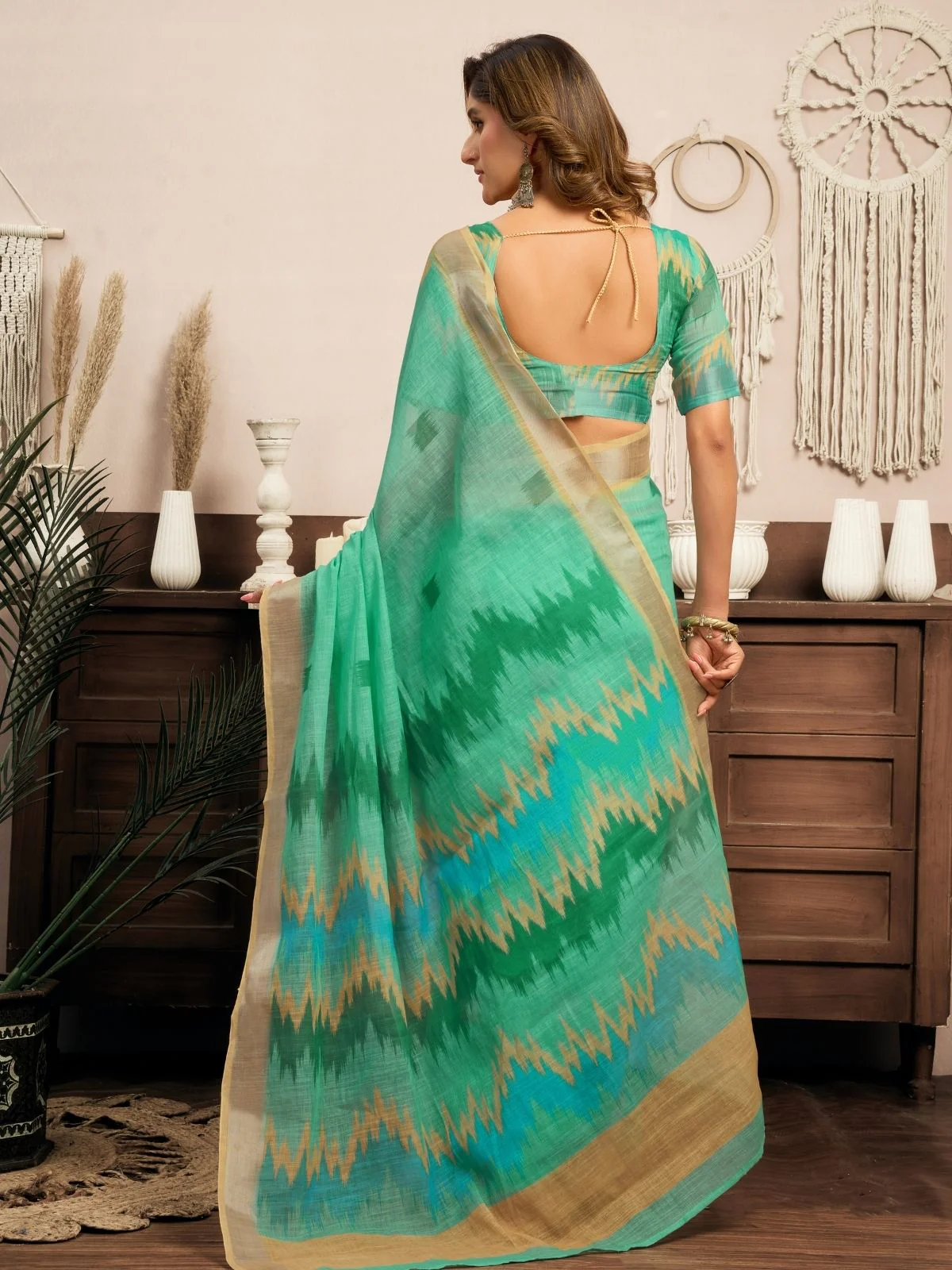 Odette Light Green Cotton Linen Zari Work Saree For Women - Image 4
