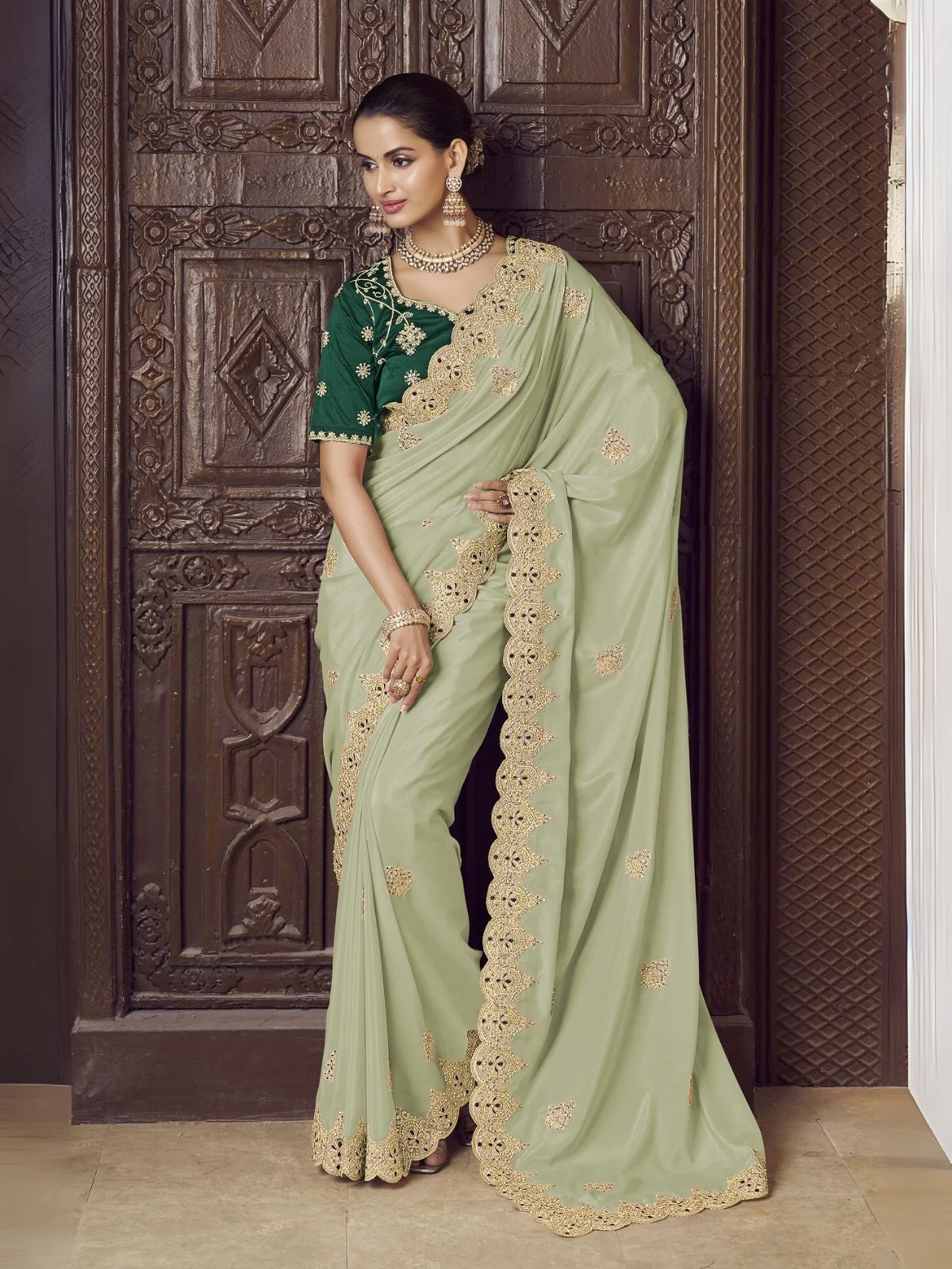 Odette Light Green Crepe Embroidered Elegant Saree For Women