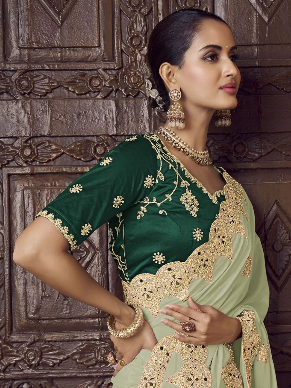 Odette Light Green Crepe Embroidered Elegant Saree For Women - Image 2