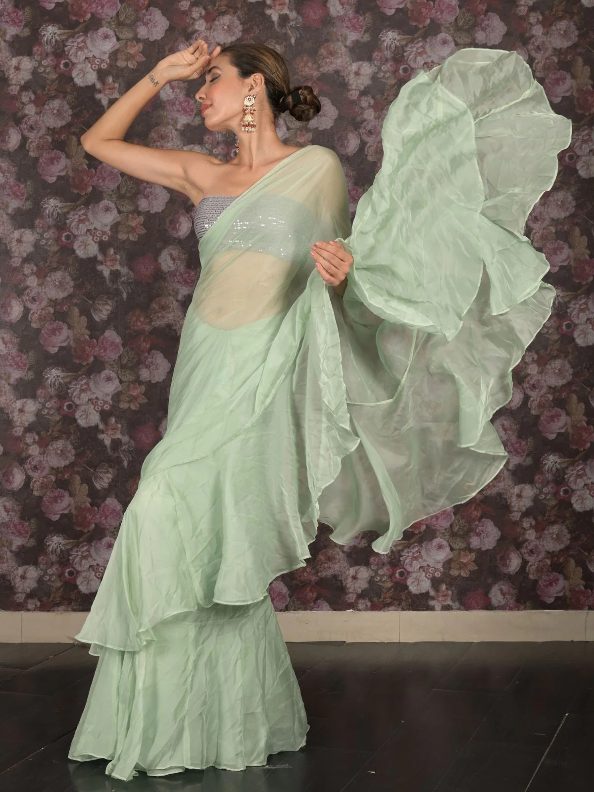 Odette Light Green Crepe Ruffles Saree with Unstitched Blouse for Women - Image 2