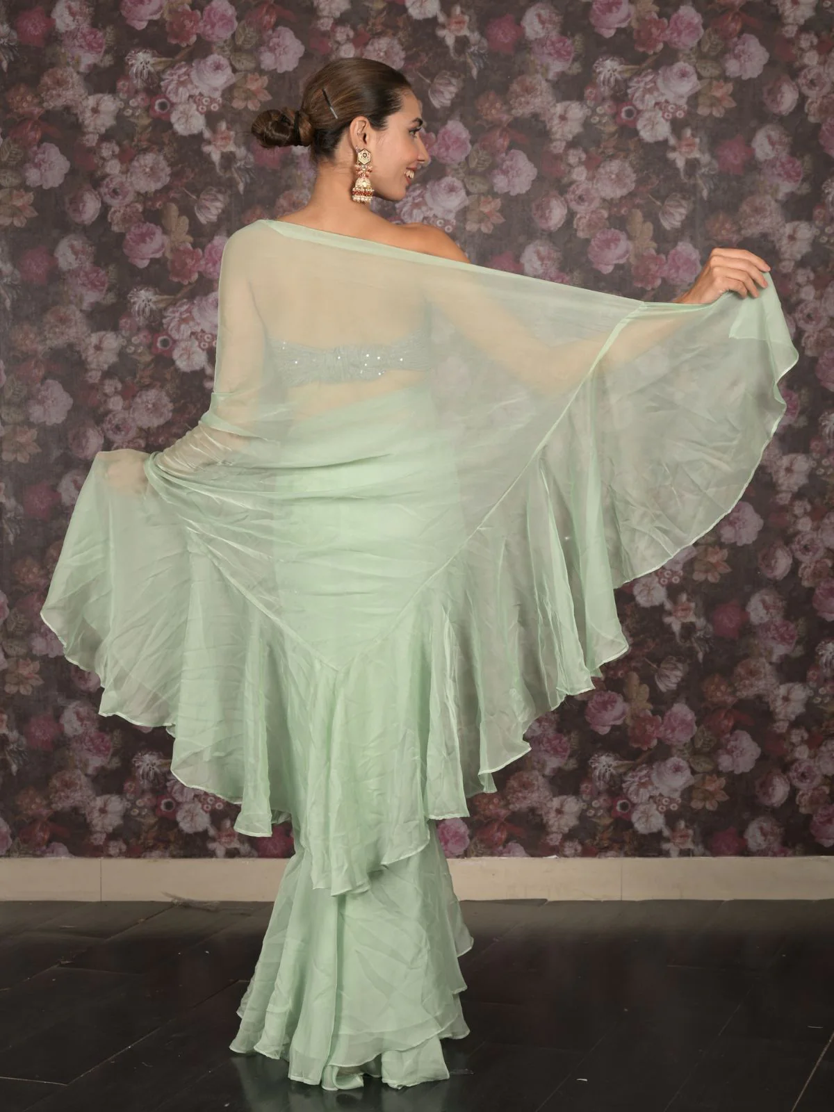 Odette Light Green Crepe Ruffles Saree with Unstitched Blouse for Women - Image 4