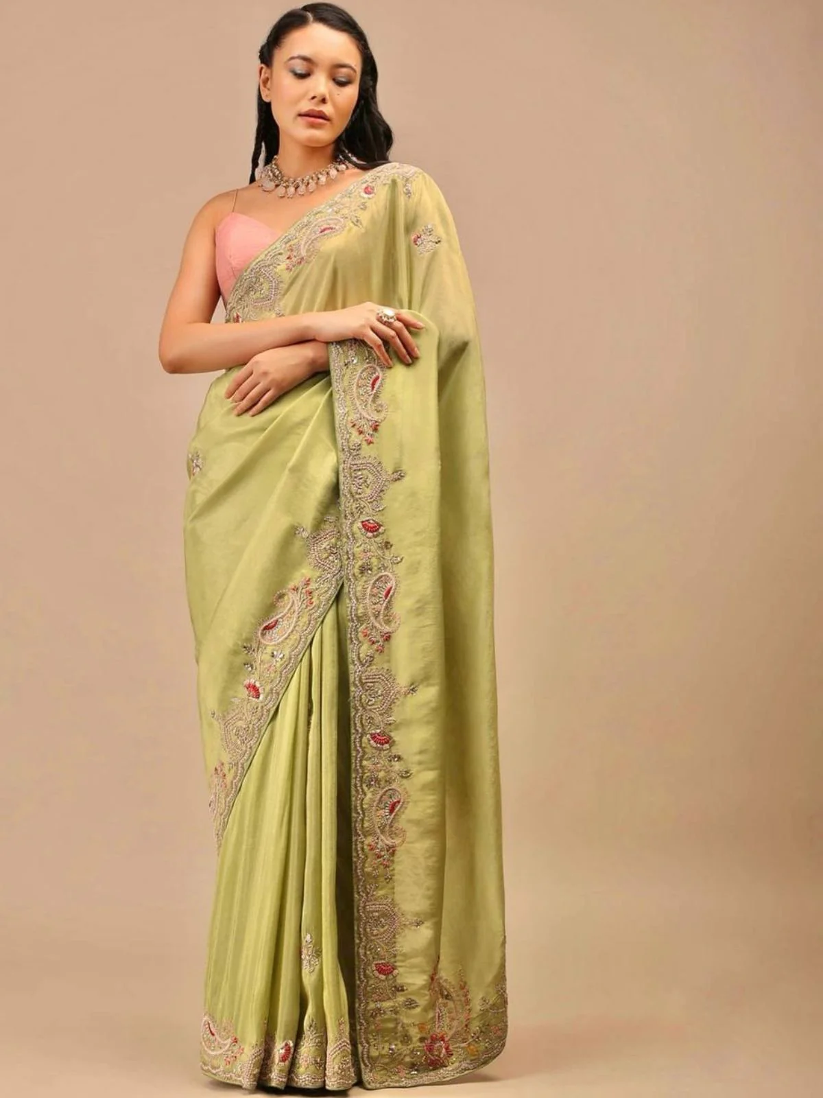 Odette Light Green Embroidered Chinnon Silk Saree With unstitched Blouse For Women - Image 2