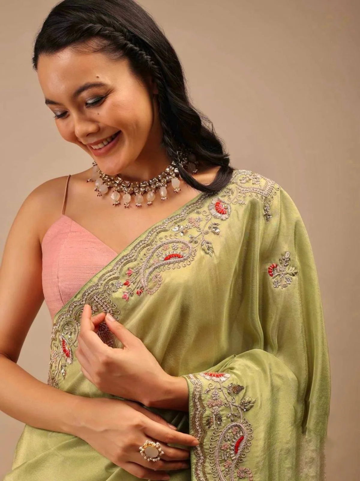 Odette Light Green Embroidered Chinnon Silk Saree With unstitched Blouse For Women - Image 4