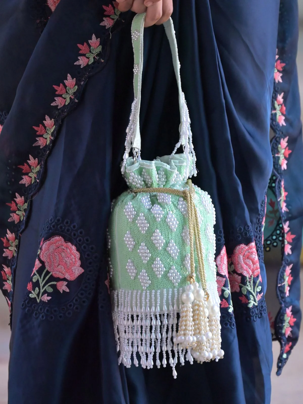 Odette Light Green Embroidered Potli Bag For Women - Image 2
