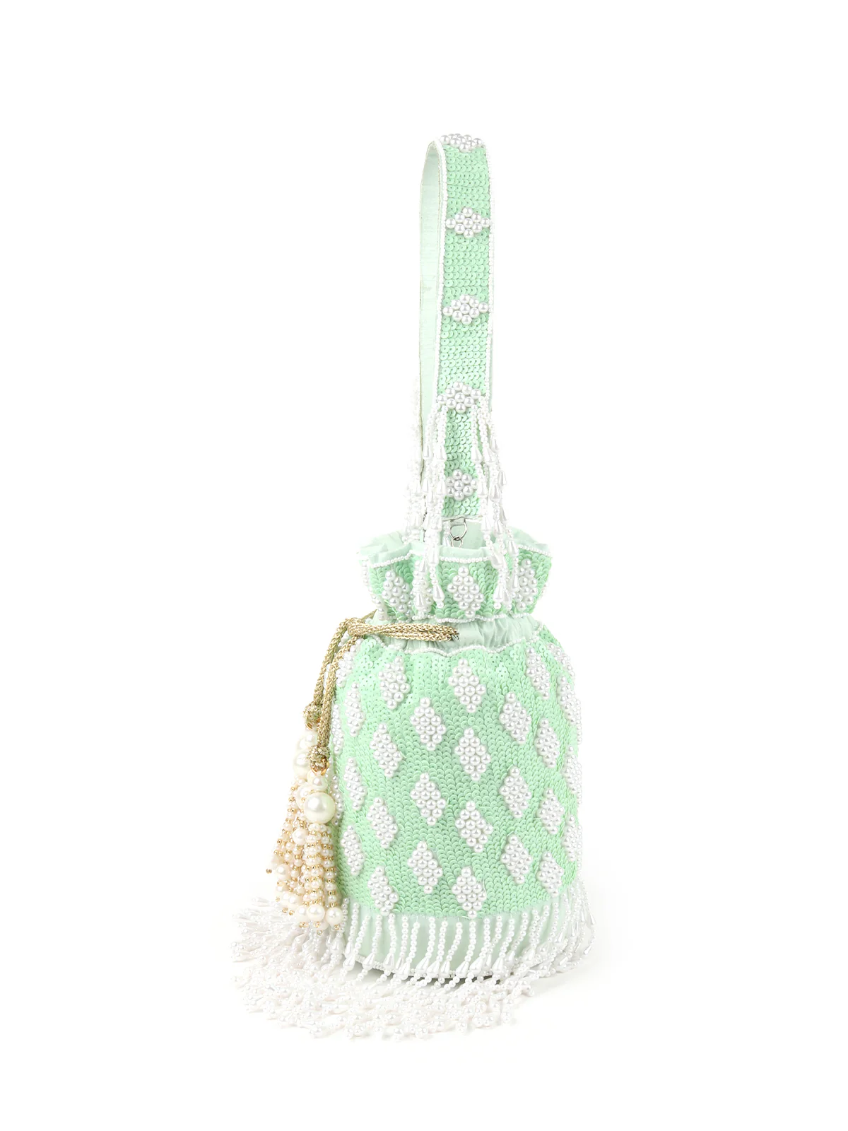 Odette Light Green Embroidered Potli Bag For Women - Image 4