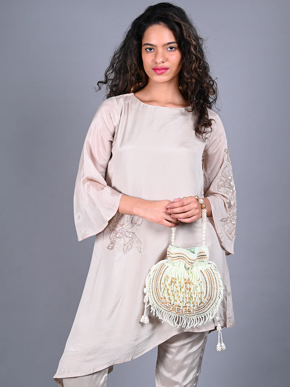 Odette Light Green Embroidered Potli Bag For Women - Image 2