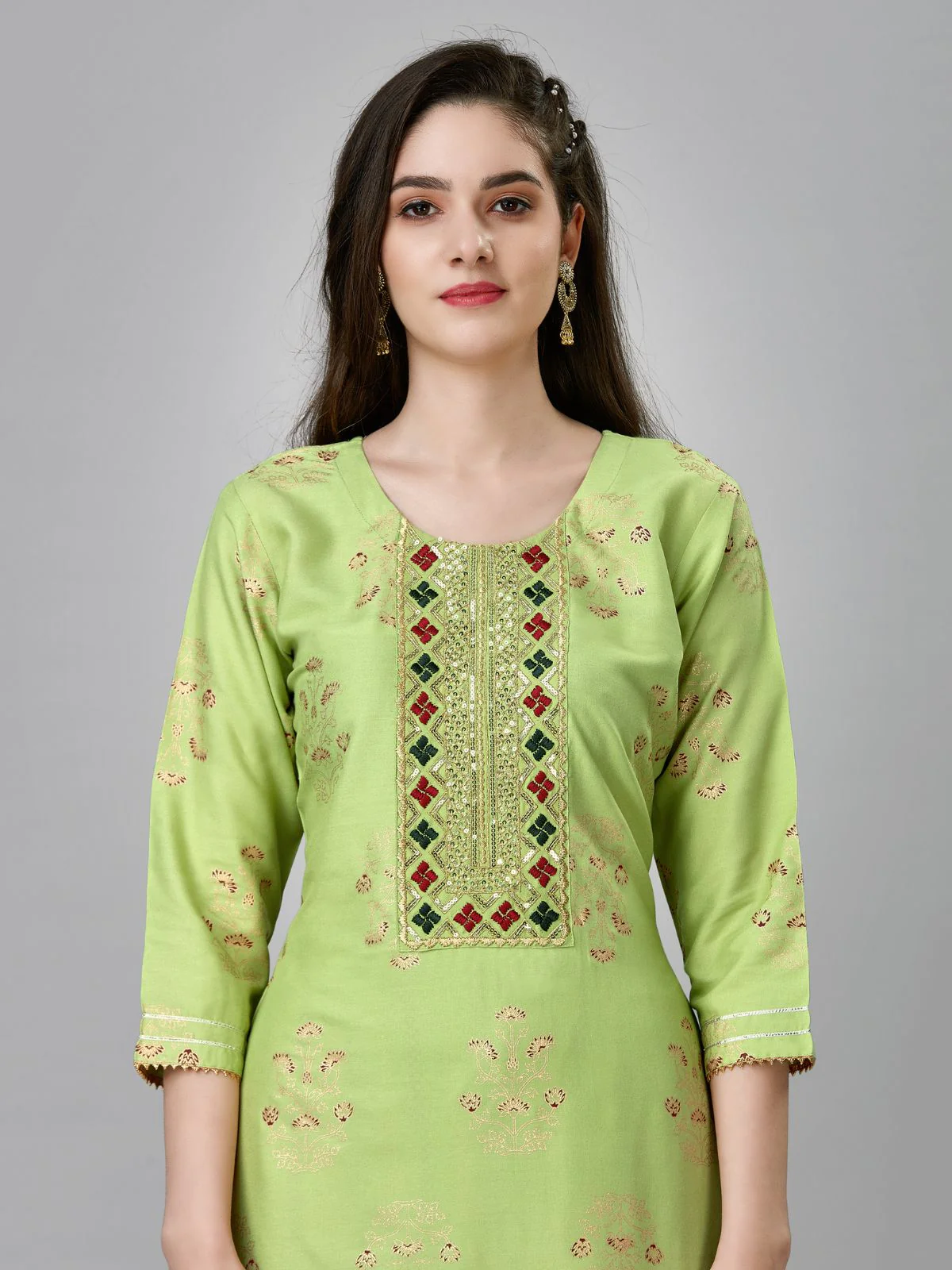 Odette Light Green Embroidered Rayon Stitched Kurta Set For Women - Image 3