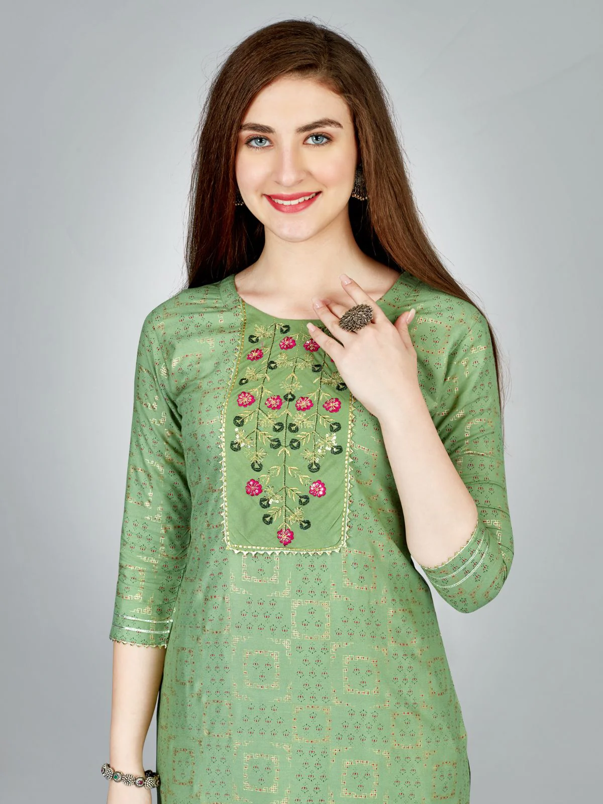 Odette Light Green Embroidered Rayon Stitched Kurta Set For Women - Image 4