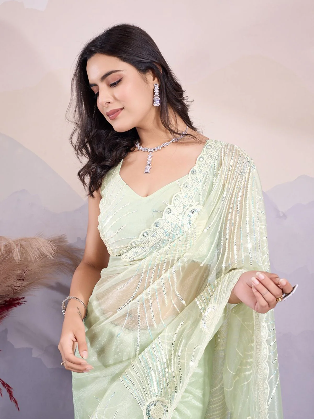 Odette Light Green Organza Embroidered Saree For Women - Image 2
