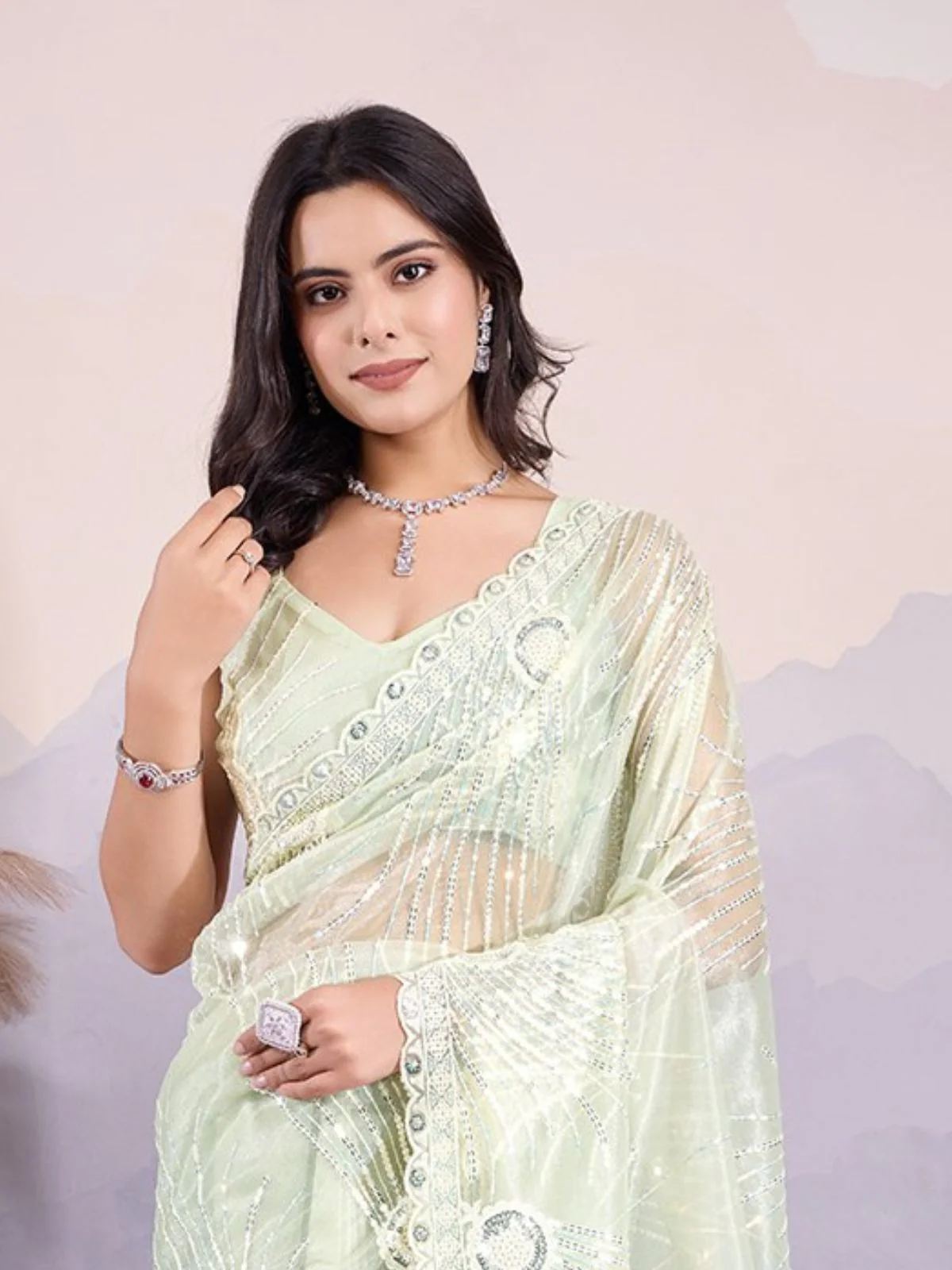 Odette Light Green Organza Embroidered Saree For Women - Image 3