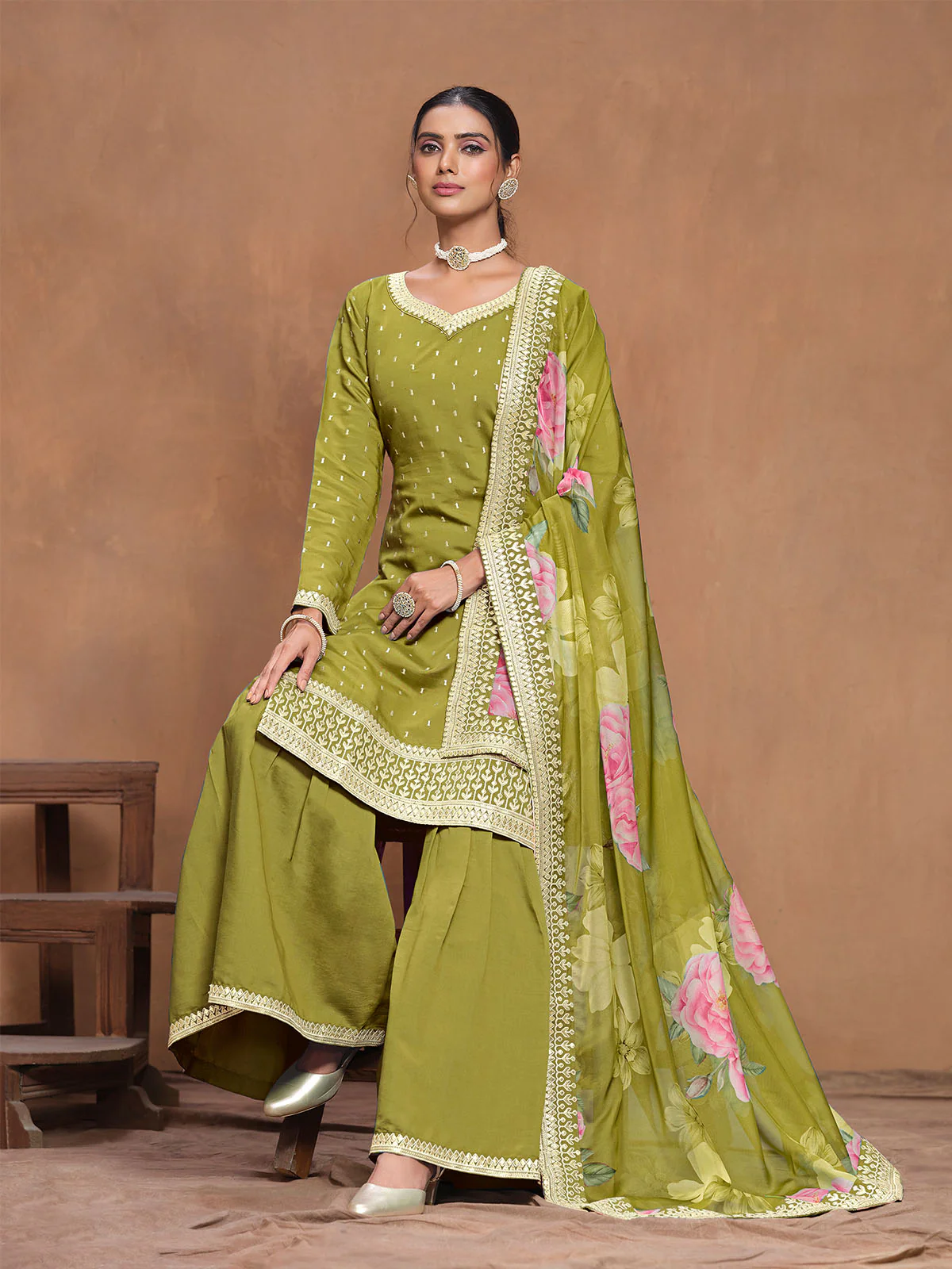 Odette Light Green Embroidered Silk Blend Semi Stitched Kurta Set For Women - Image 3