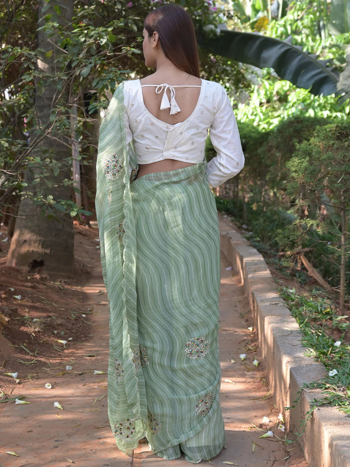 Odette Light Green Embroidered Simmar Saree with Unstitched Blouse for Women - Image 3