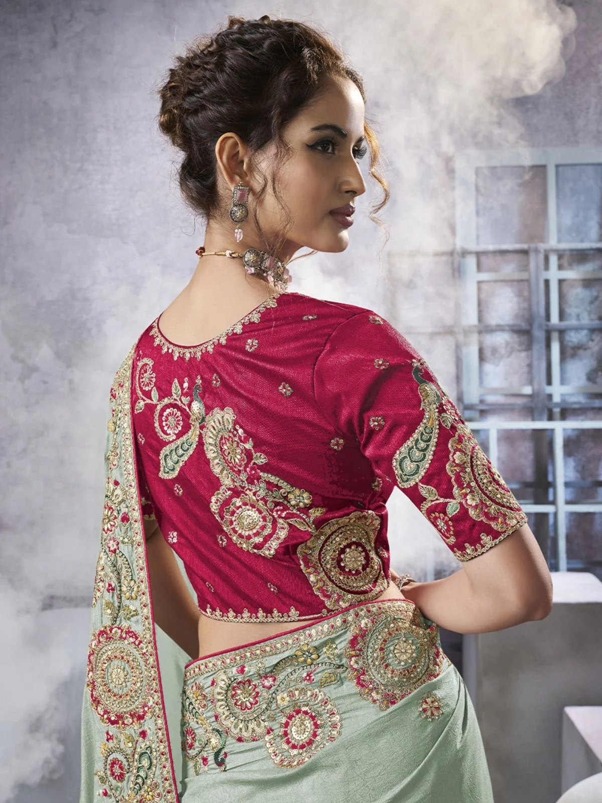 Odette Light Green Georgette Crush Embellished Elegant Saree For Women - Image 2
