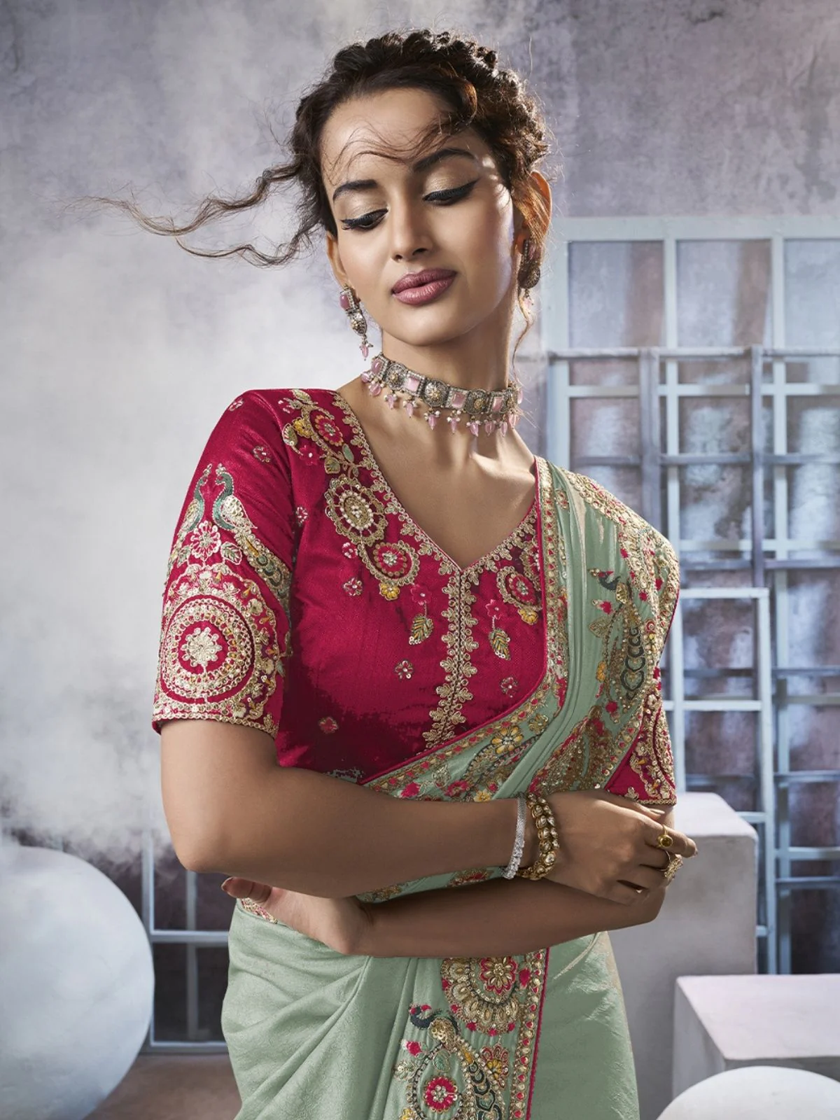 Odette Light Green Georgette Crush Embellished Elegant Saree For Women - Image 3