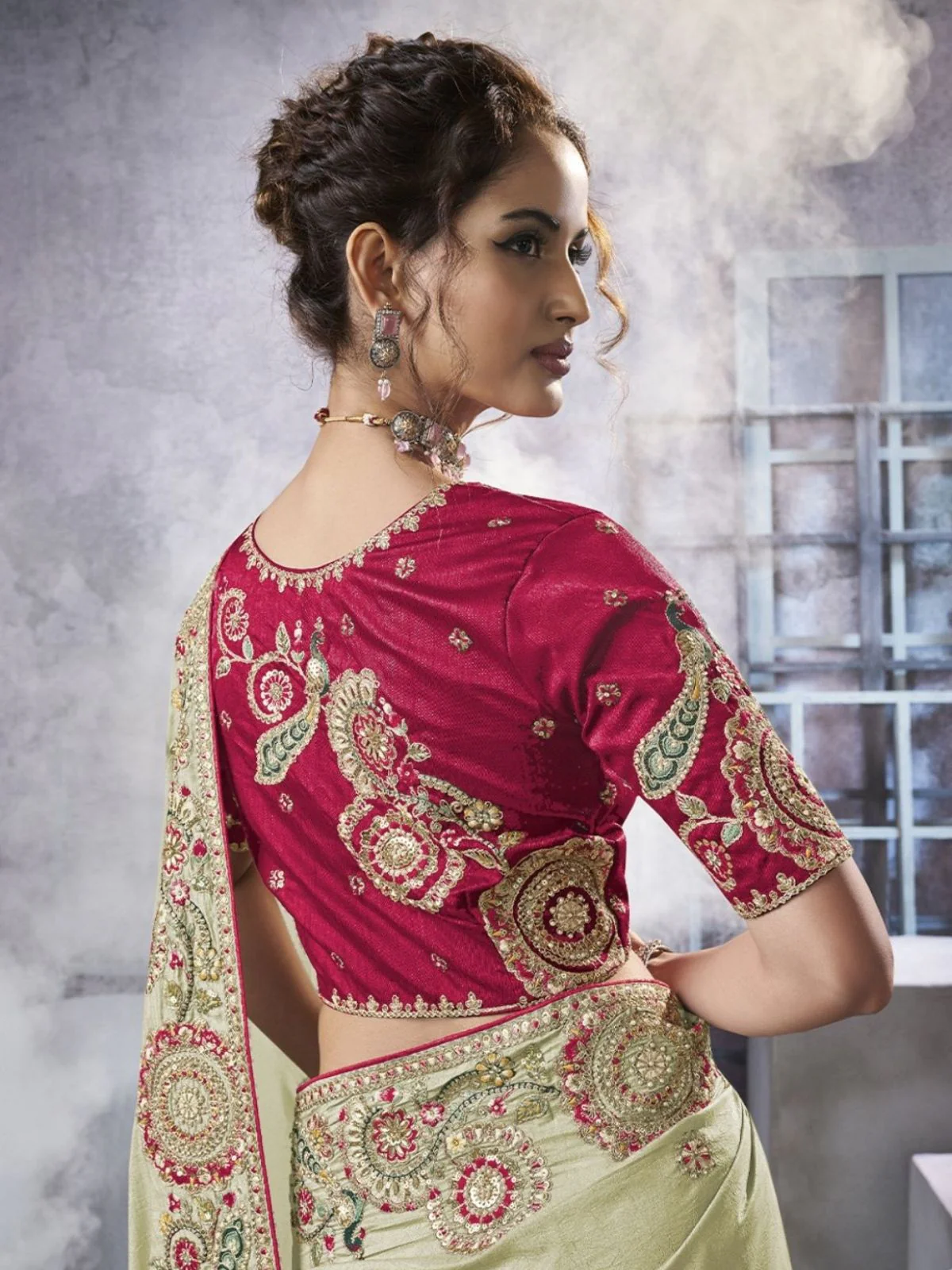 Odette Light Green Georgette Crush Embroidered Elegant Saree For Women - Image 2