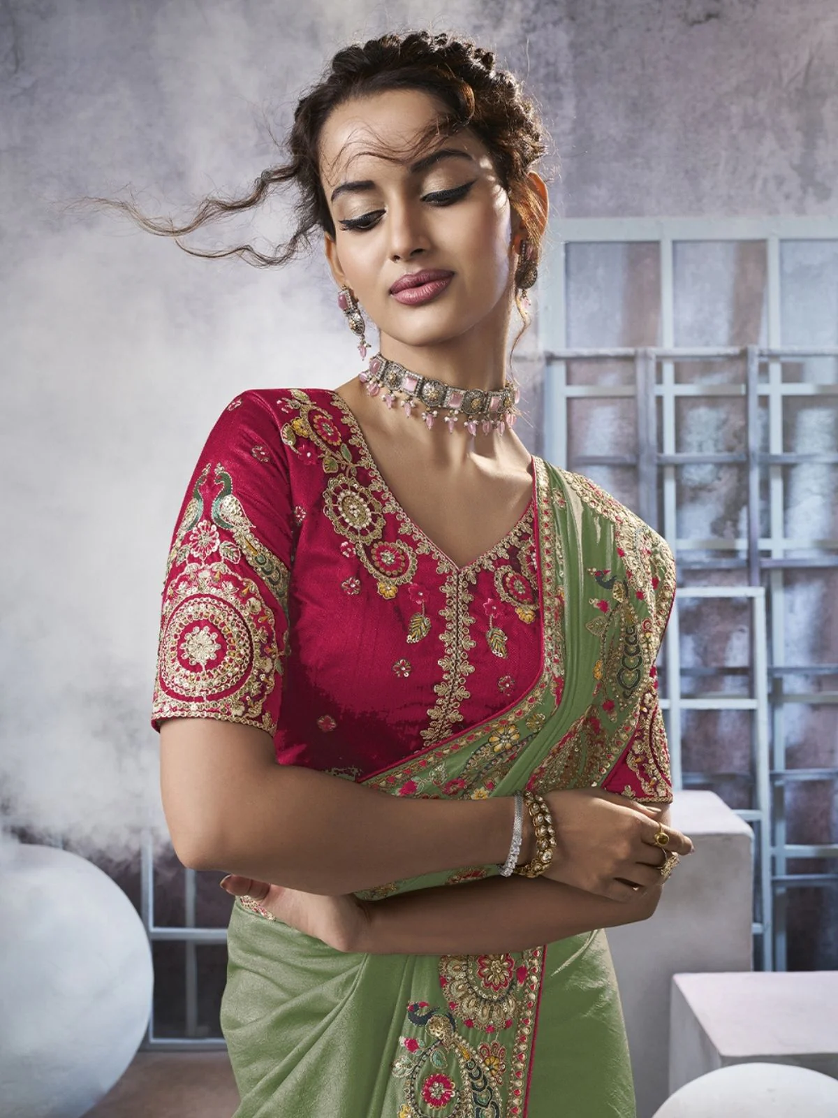 Odette Light Green Georgette Crush Embroidered Elegant Saree For Women - Image 3