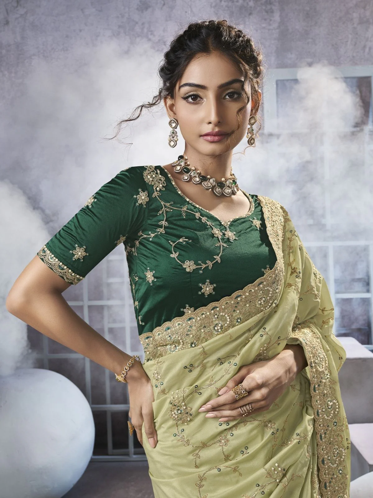 Odette Light Green Georgette Embellished Elegant Saree For Women - Image 2