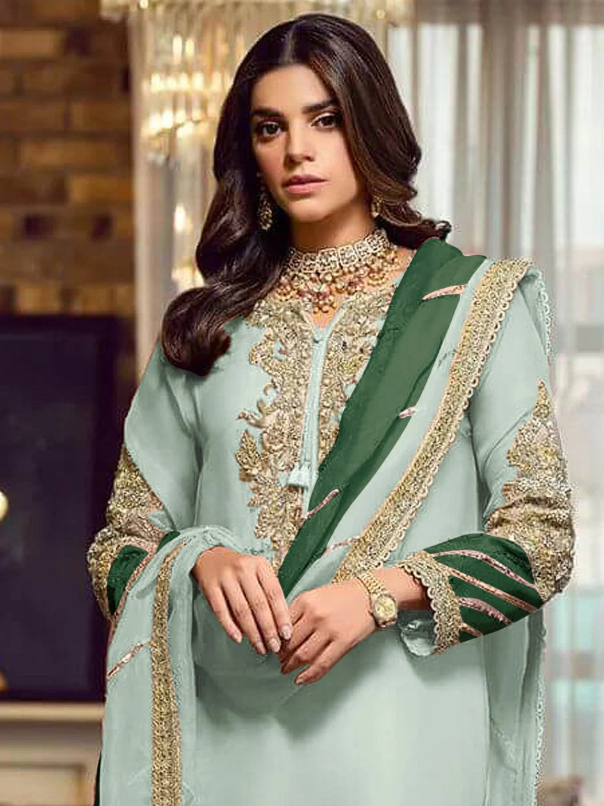 Odette Light Green Georgette Embellished Semi stitched Kurta Set For Women - Image 3