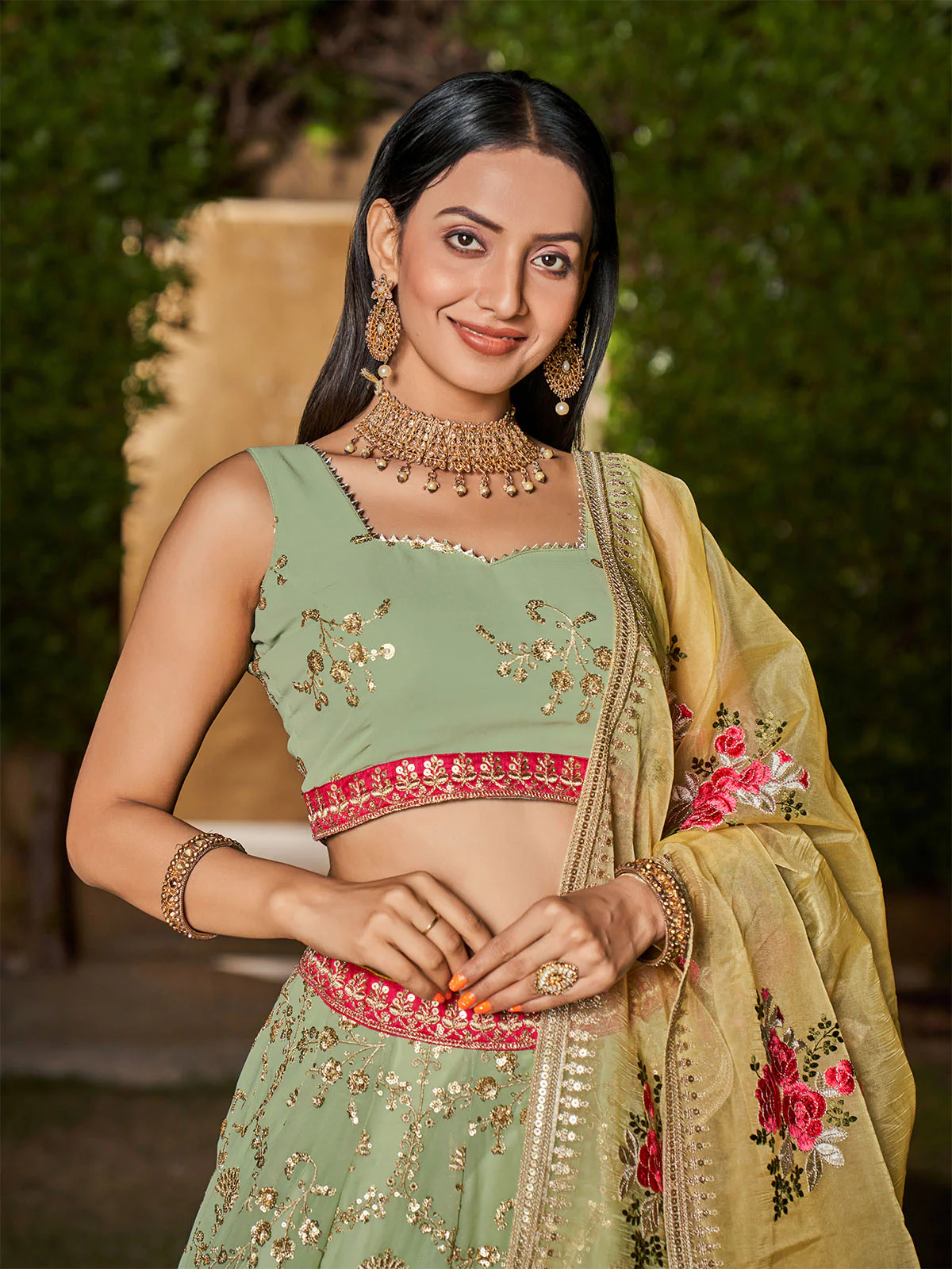 Odette Light Green Georgette Embellished Semi Stitched Lehenga With Unstitched Blouse For Women - Image 5