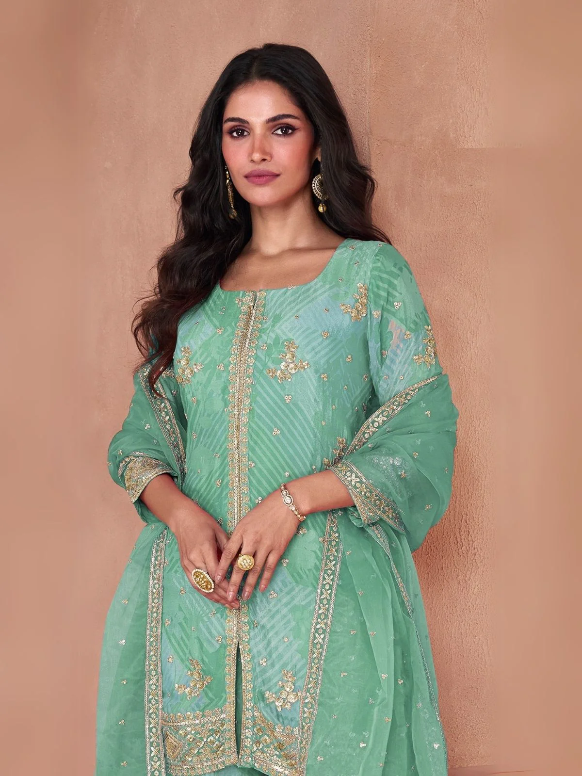 Odette Light Green Georgette Embellished Stitched Kurta Set For Women - Image 2