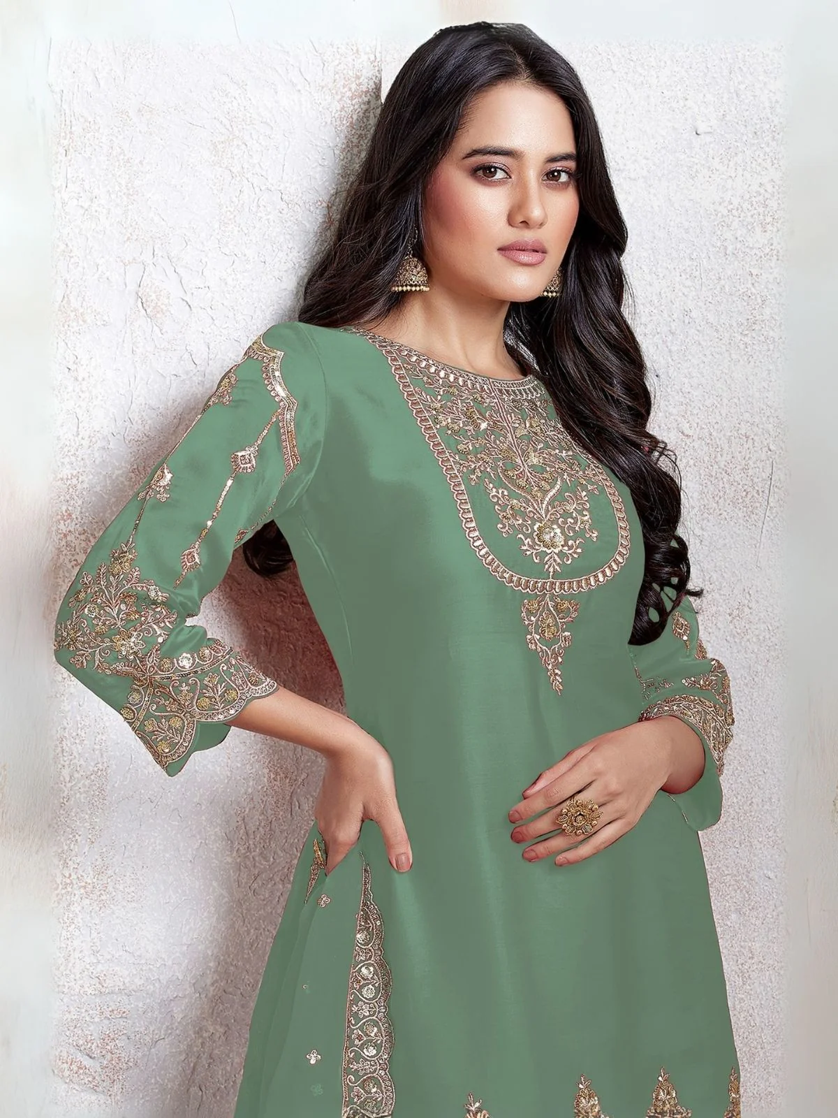 Odette Light Green Georgette Embroidered & Cutwork Semi-Sitched Kurta Set For Women - Image 2