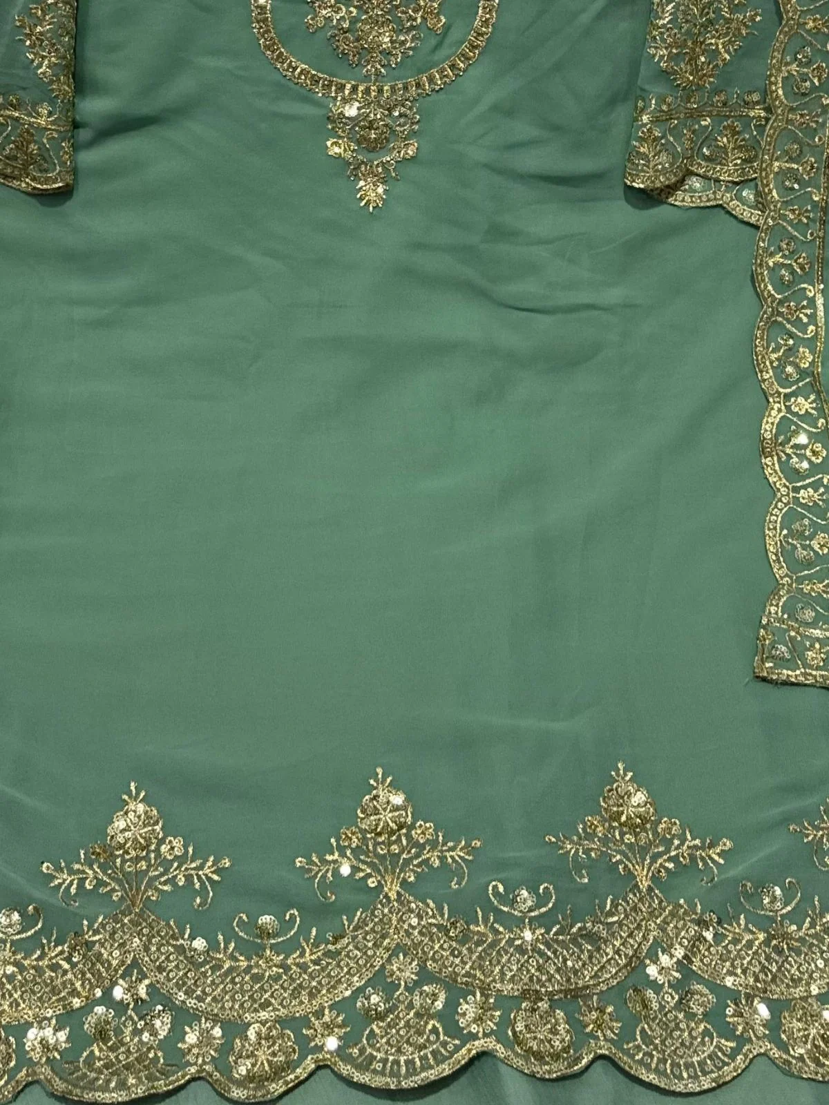 Odette Light Green Georgette Embroidered & Cutwork Semi-Sitched Kurta Set For Women - Image 3