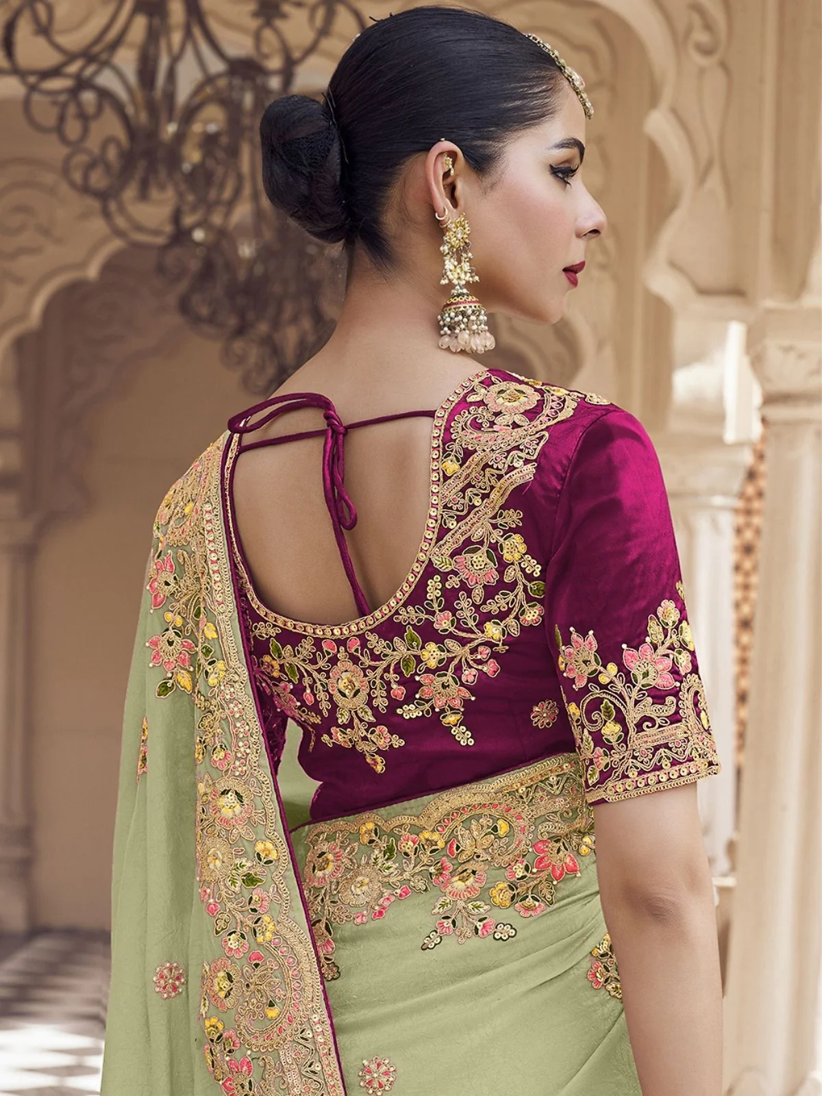 Odette Light Green Georgette Embroidered Elegant Saree For Women - Image 2