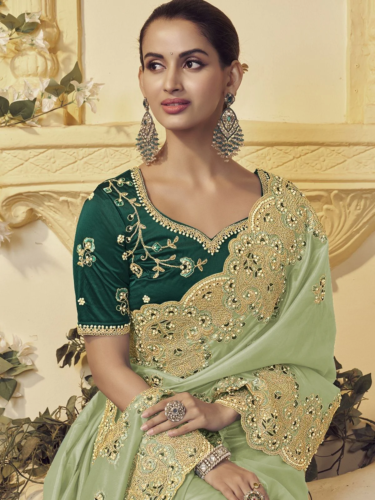 Odette Light Green Georgette Embroidered Elegant Saree For Women - Image 3