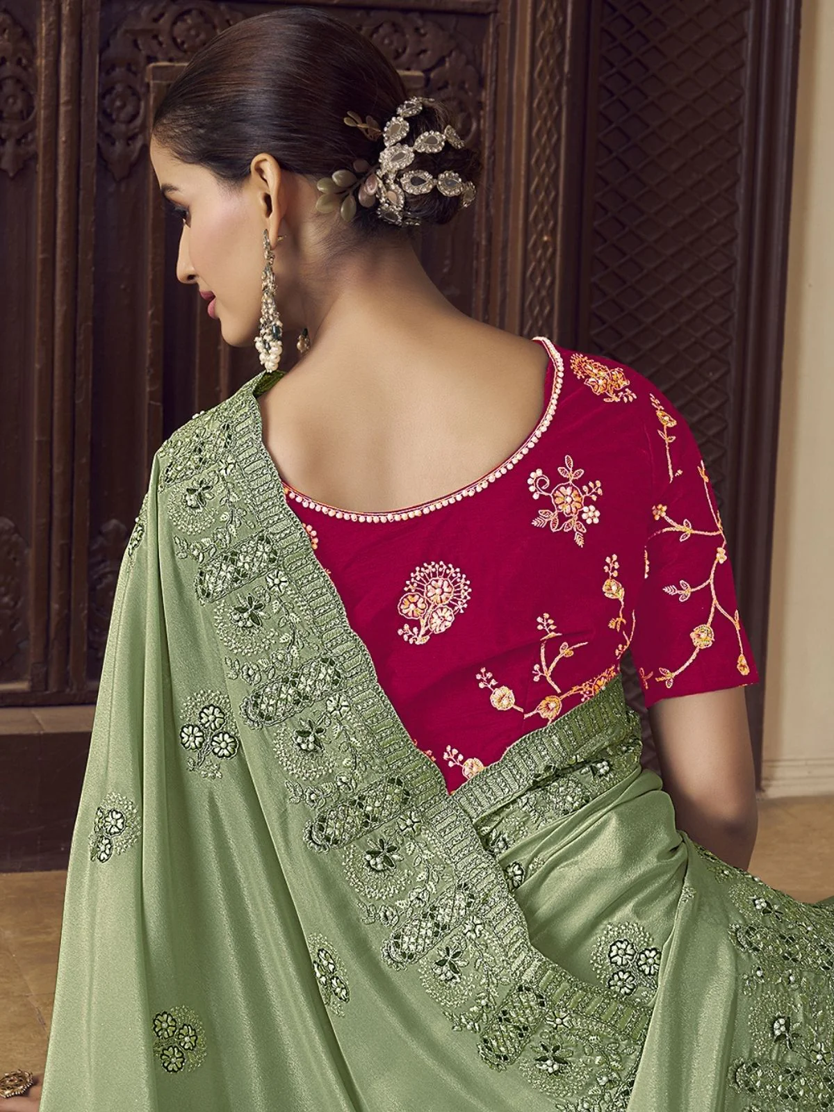 Odette Light Green Georgette Embroidered Elegant Saree For Women - Image 2
