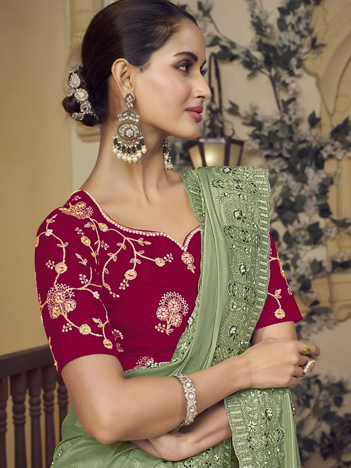 Odette Light Green Georgette Embroidered Elegant Saree For Women - Image 3