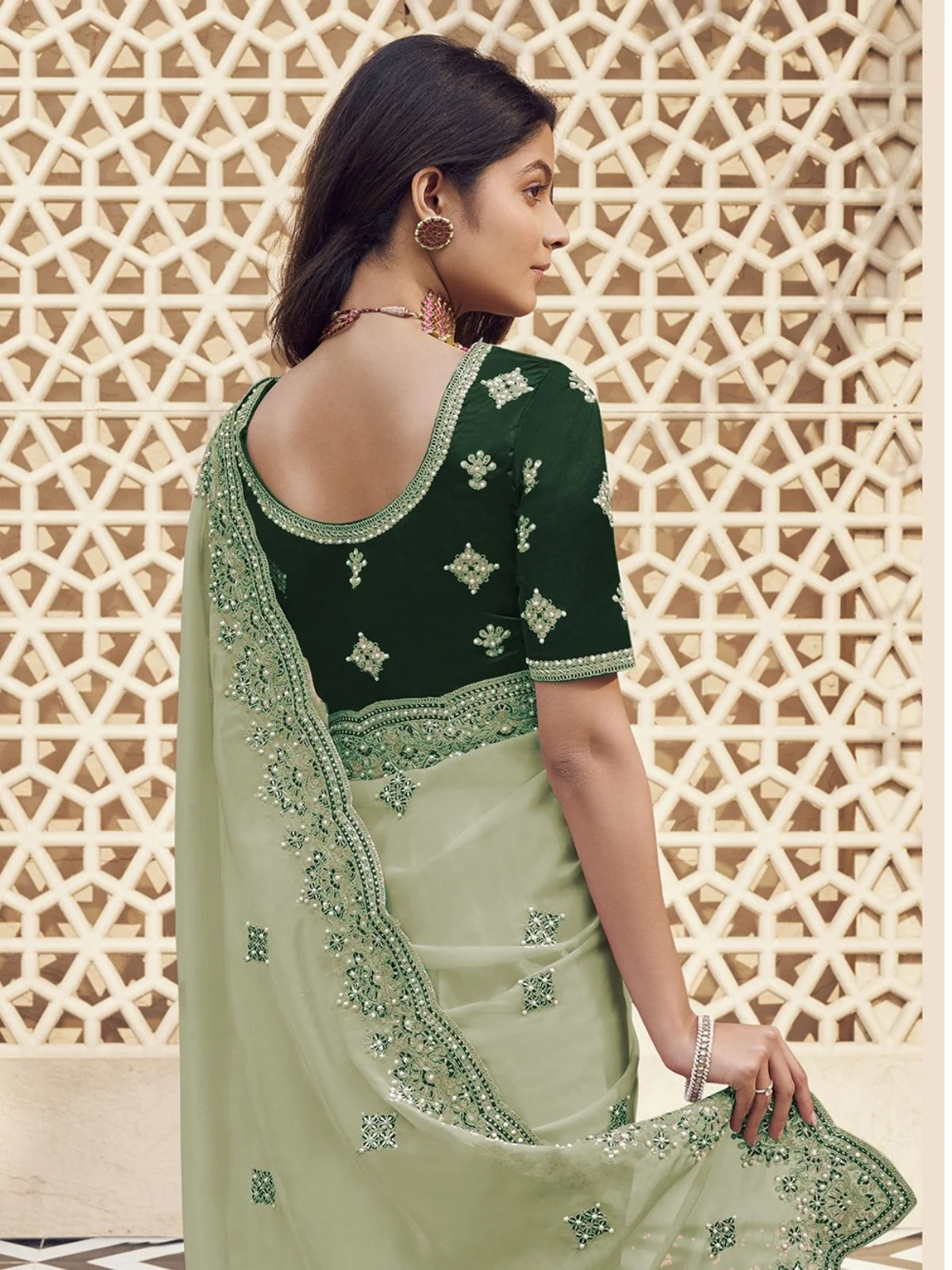 Odette Light Green Georgette Embroidered Elegant Saree For Women - Image 2