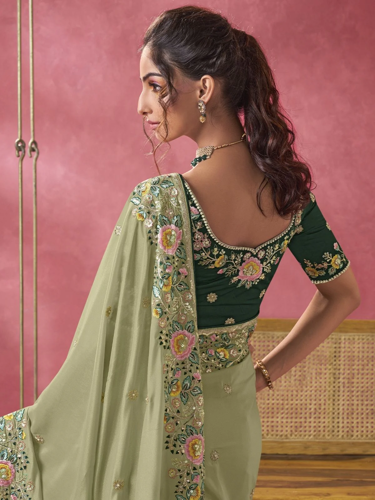 Odette Light Green Georgette Embroidered Elegant Saree For Women - Image 3