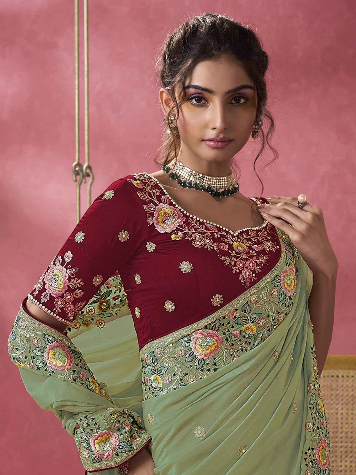 Odette Light Green Georgette Embroidered Elegant Saree For Women - Image 2