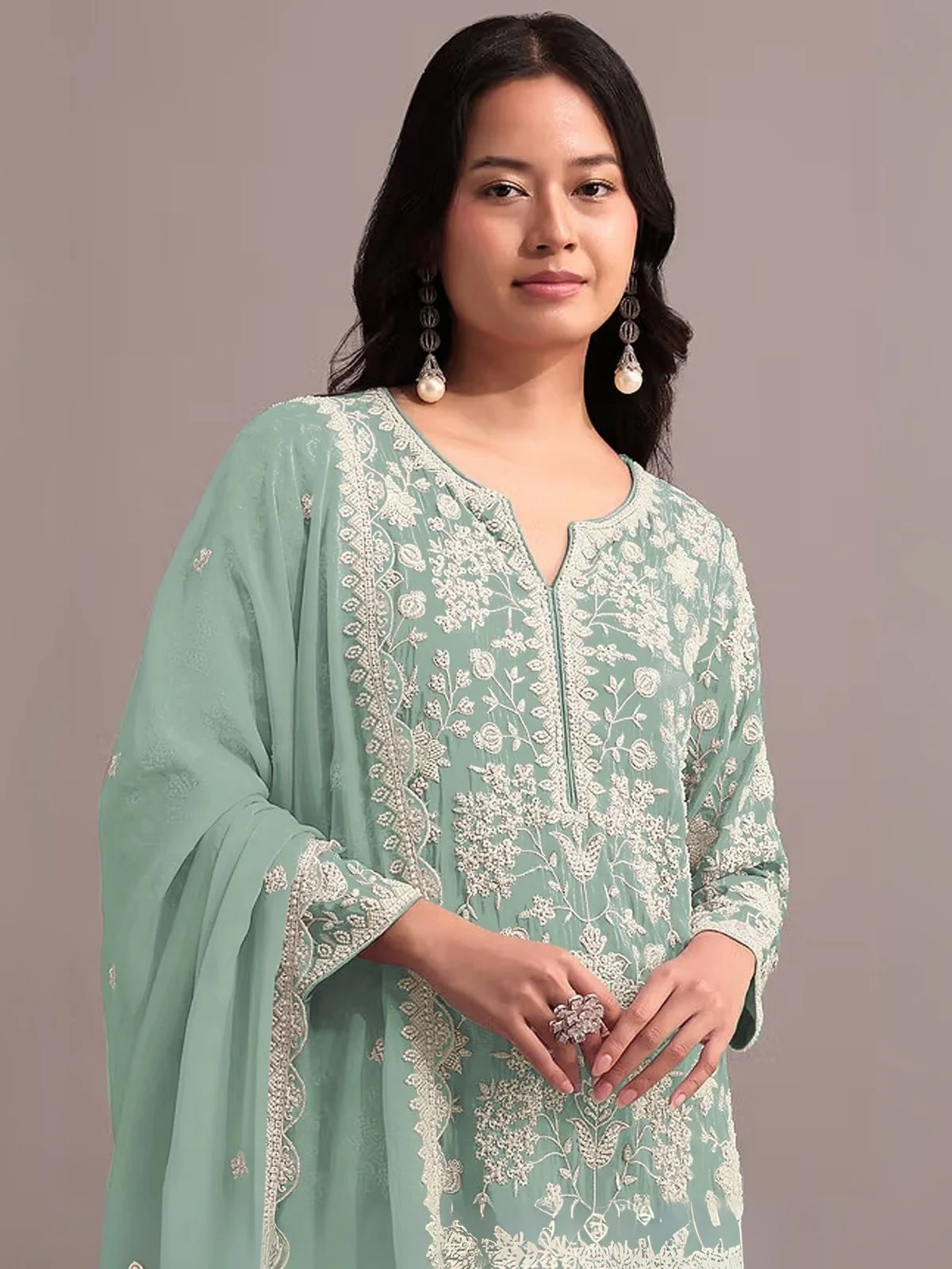 Odette Light Green Georgette Embroidered Semi-Sitched Kurta Set For Women - Image 2