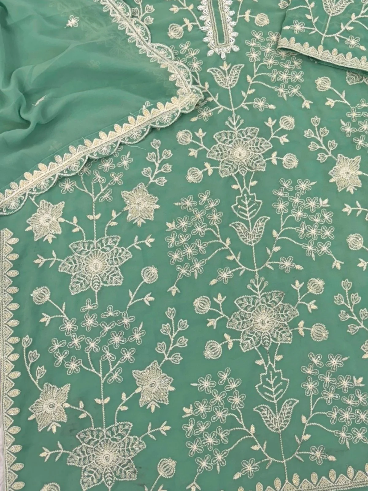 Odette Light Green Georgette Embroidered Semi-Sitched Kurta Set For Women - Image 3