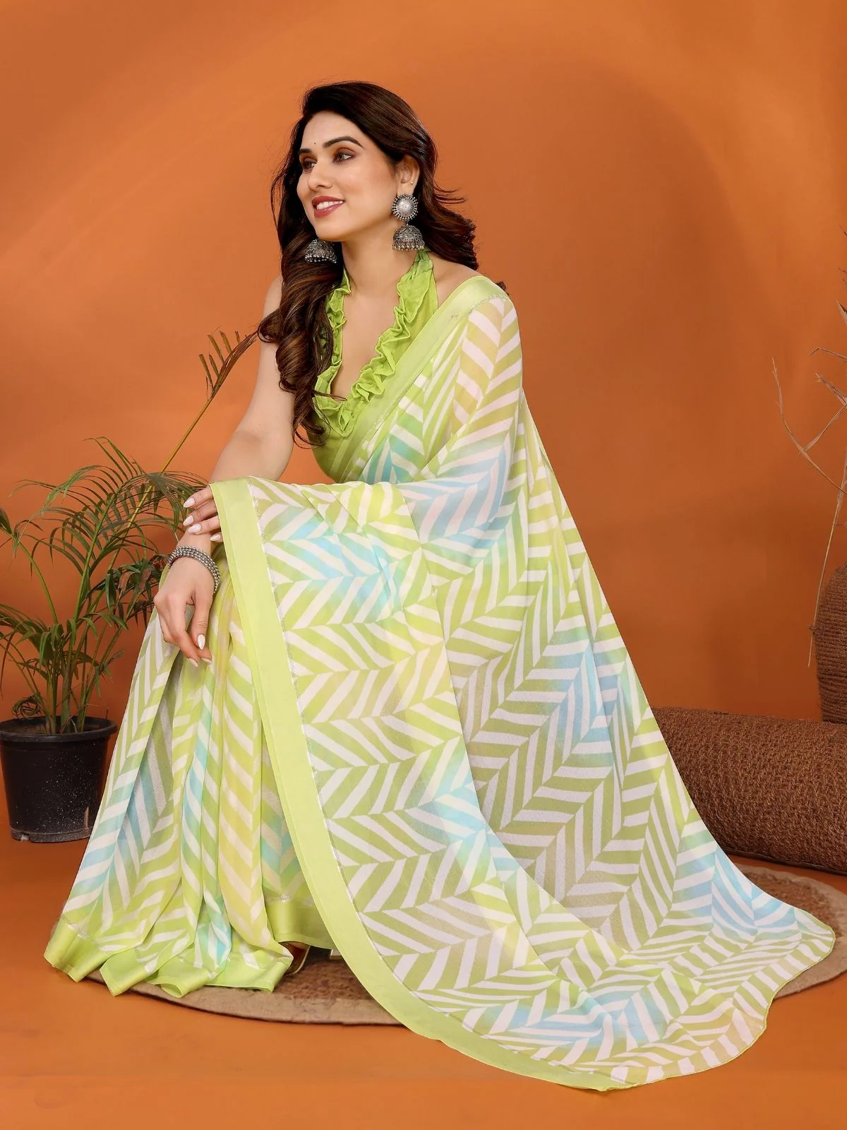 Odette Light Green Georgette Printed Saree With Unstitched Blouse For Women - Image 6