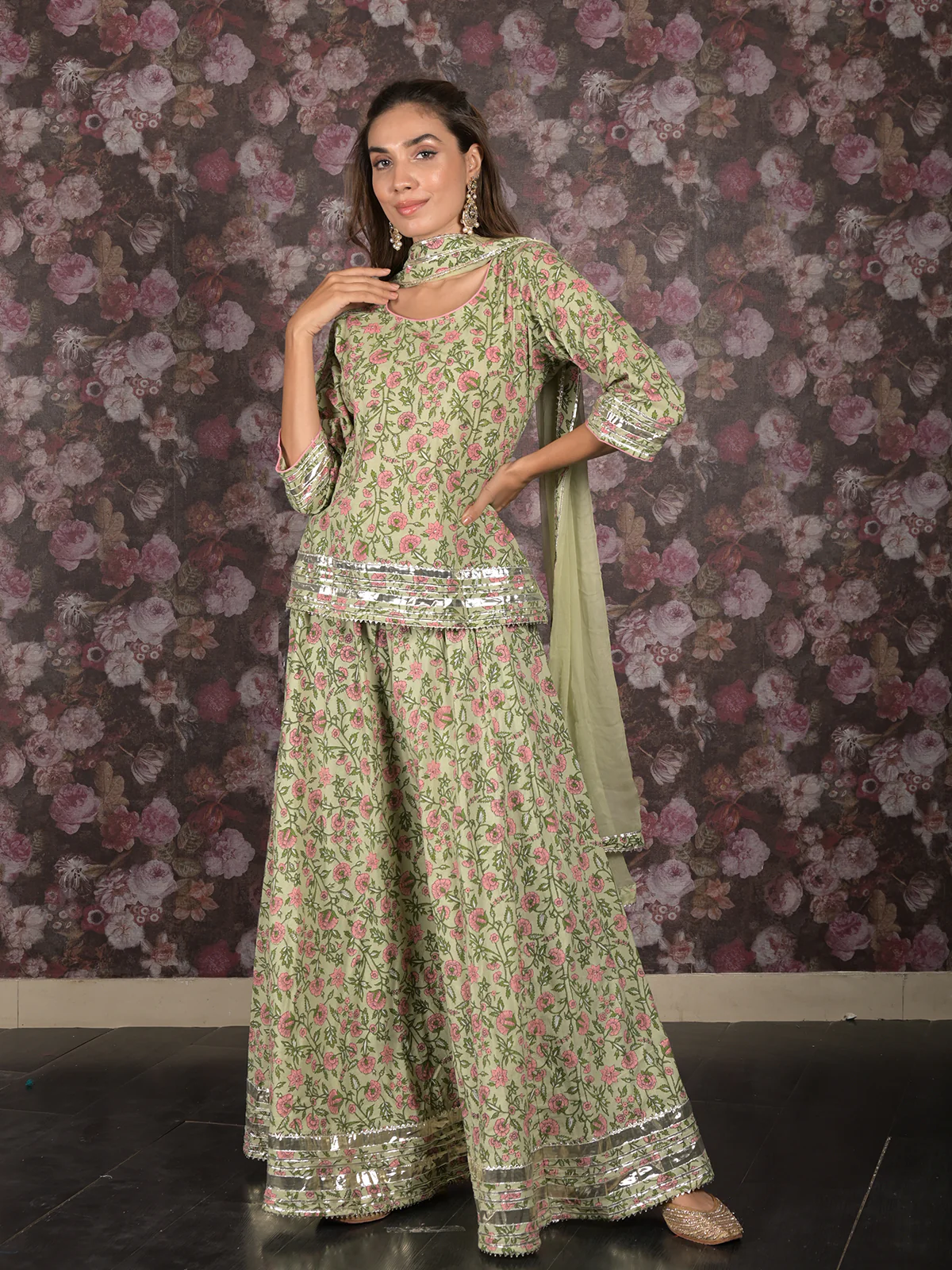 Odette Light Green Gota Embroidered Stitched Cotton Lehenga with Stitched Blouse for Women - Image 2