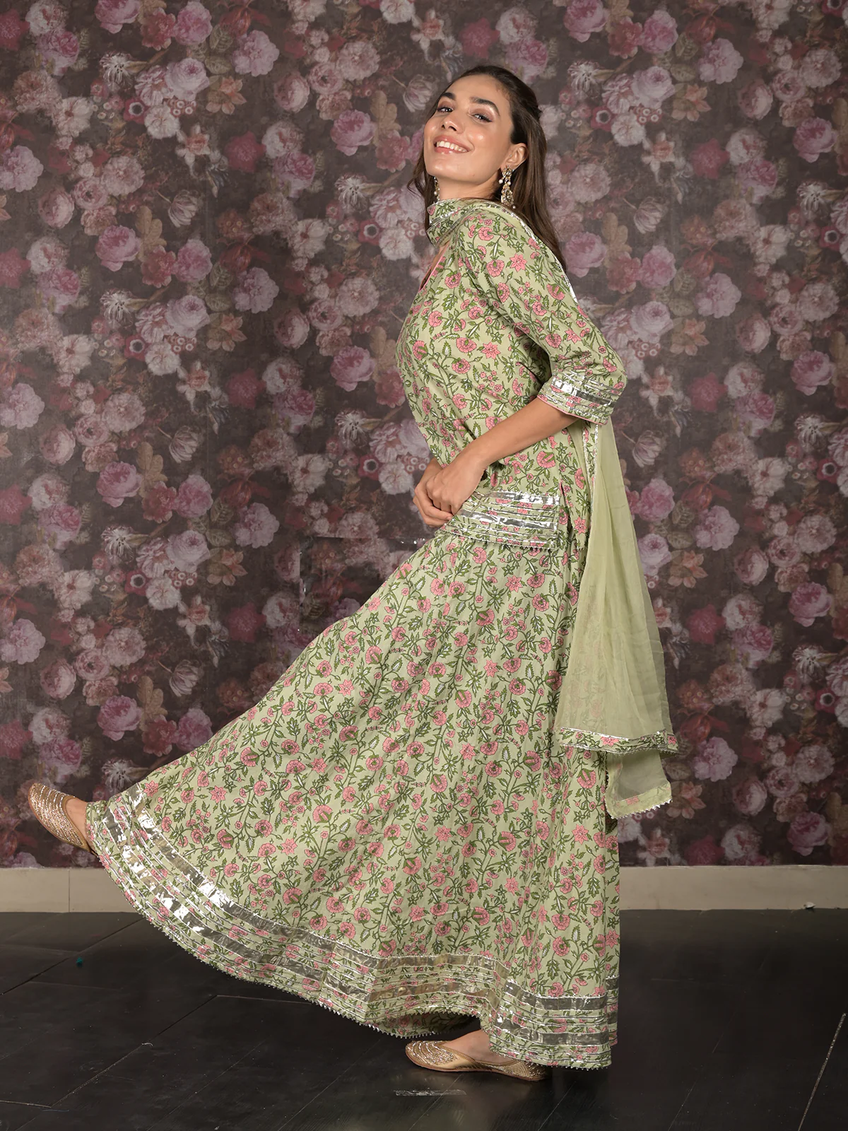 Odette Light Green Gota Embroidered Stitched Cotton Lehenga with Stitched Blouse for Women - Image 4
