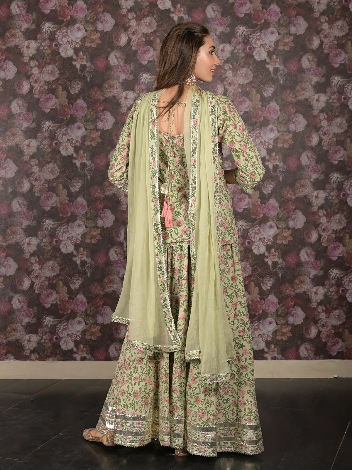 Odette Light Green Gota Embroidered Stitched Cotton Lehenga with Stitched Blouse for Women - Image 5