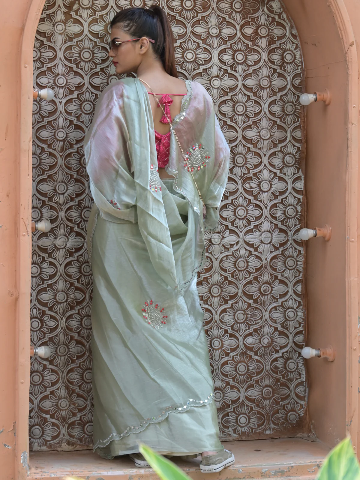 Odette Light Green Mirror Work Embroidered Saree with Unstitched Blouse for Women - Image 3